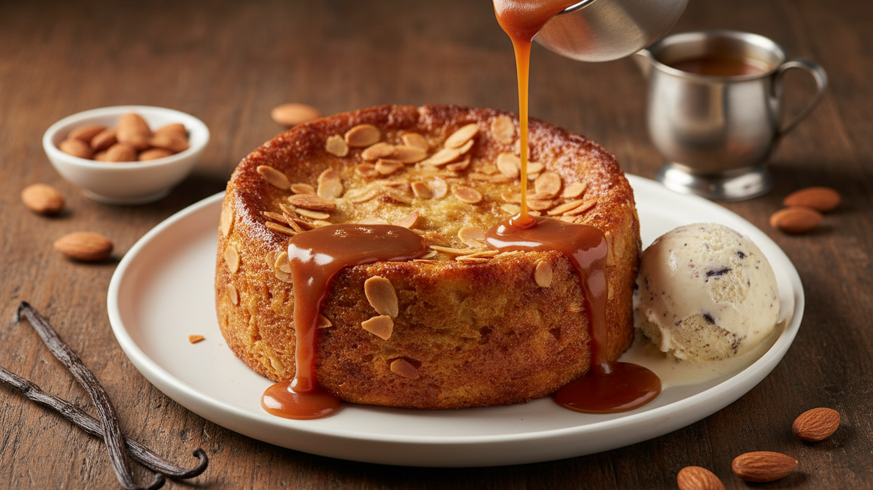 Almond Bread Pudding Topped With Salted Caramel Sauce