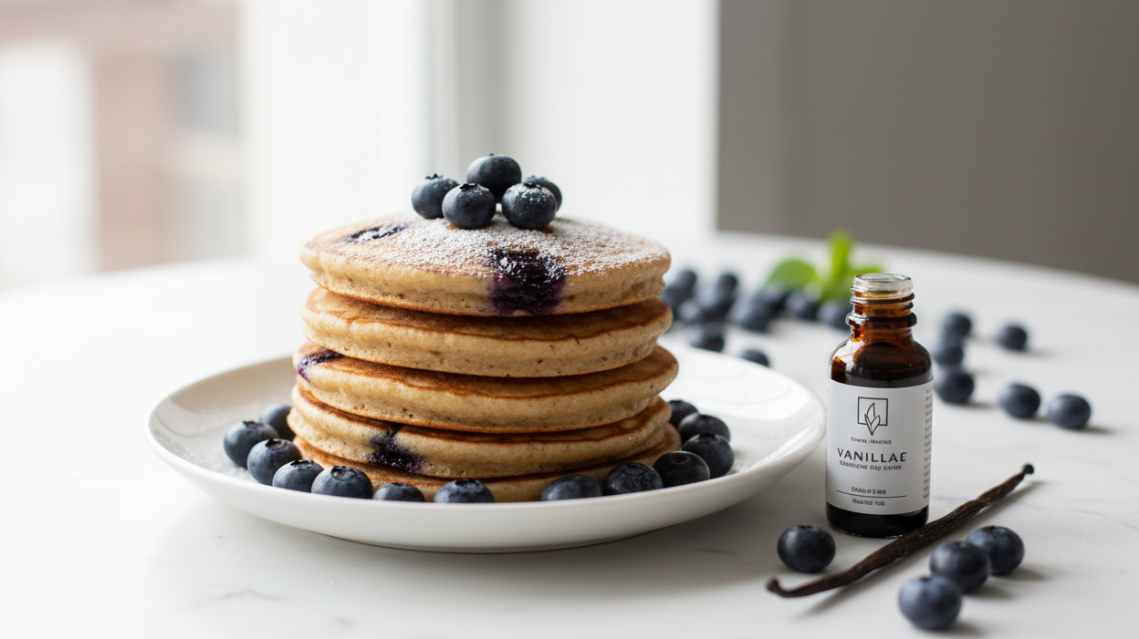 Protein packed vanilla blueberry pancakes