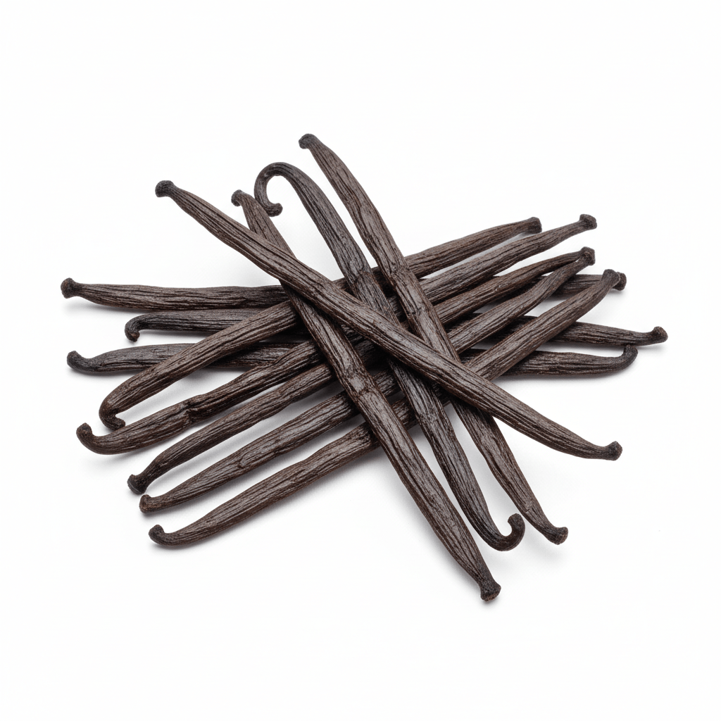 Bolivian Vanilla Beans - Grade A Tahitensis stacked neatly, showcasing their rich dark color and unique shape.