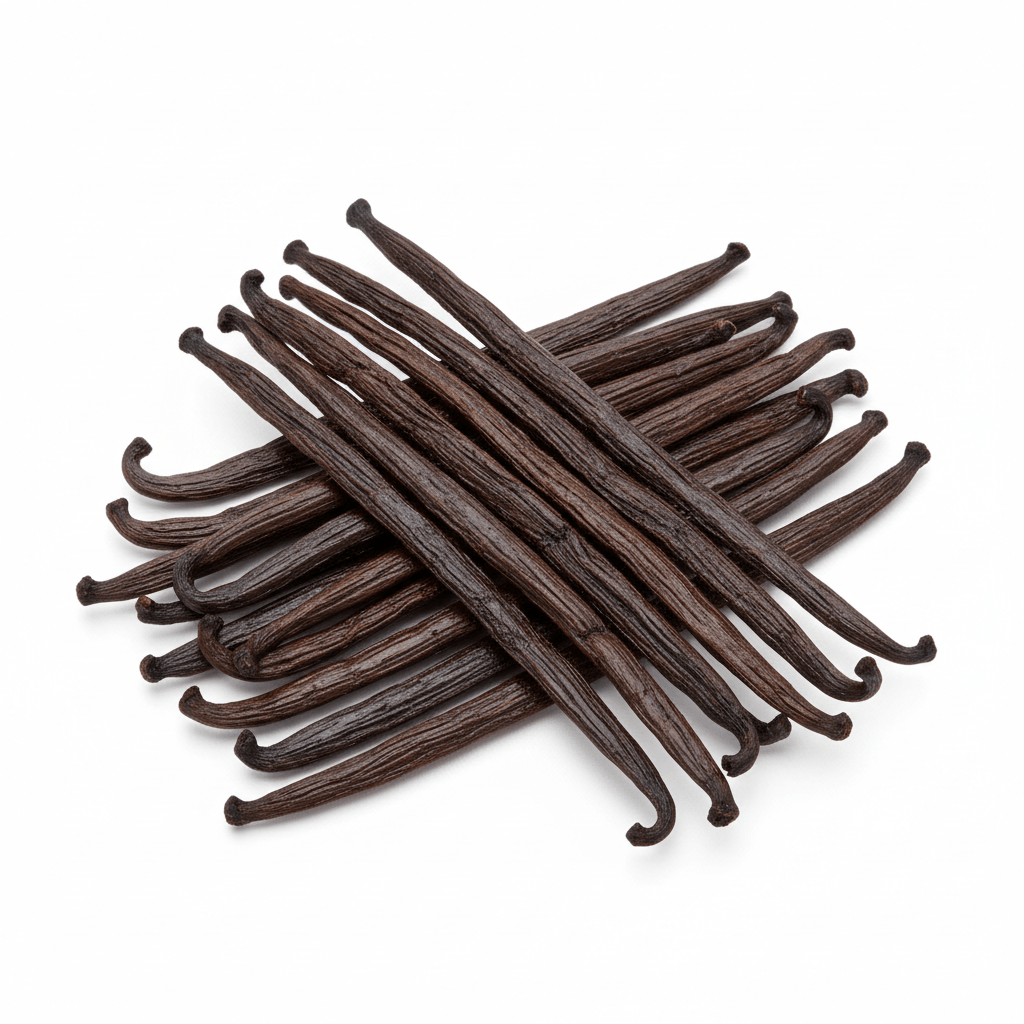 Colombian Vanilla Beans displayed in a pile, showcasing their rich color and texture.