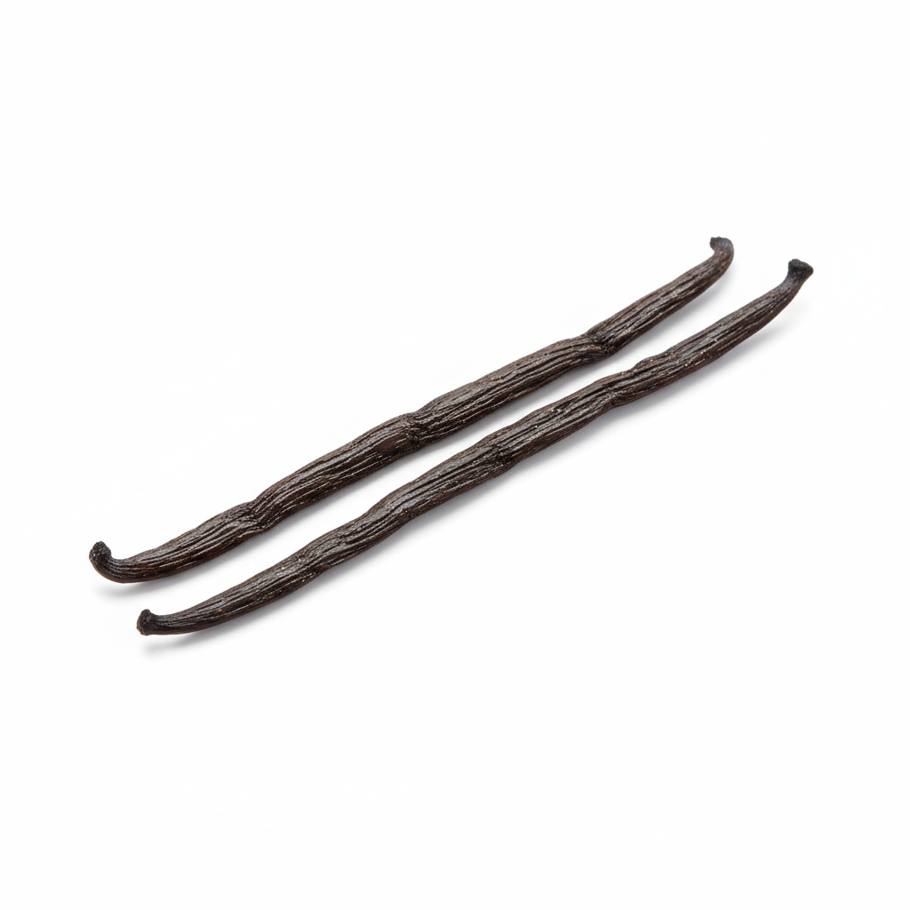 Marquesas Vanilla Beans - The Oave - V. Tahitensis Grade A, two premium vanilla pods on a white background.