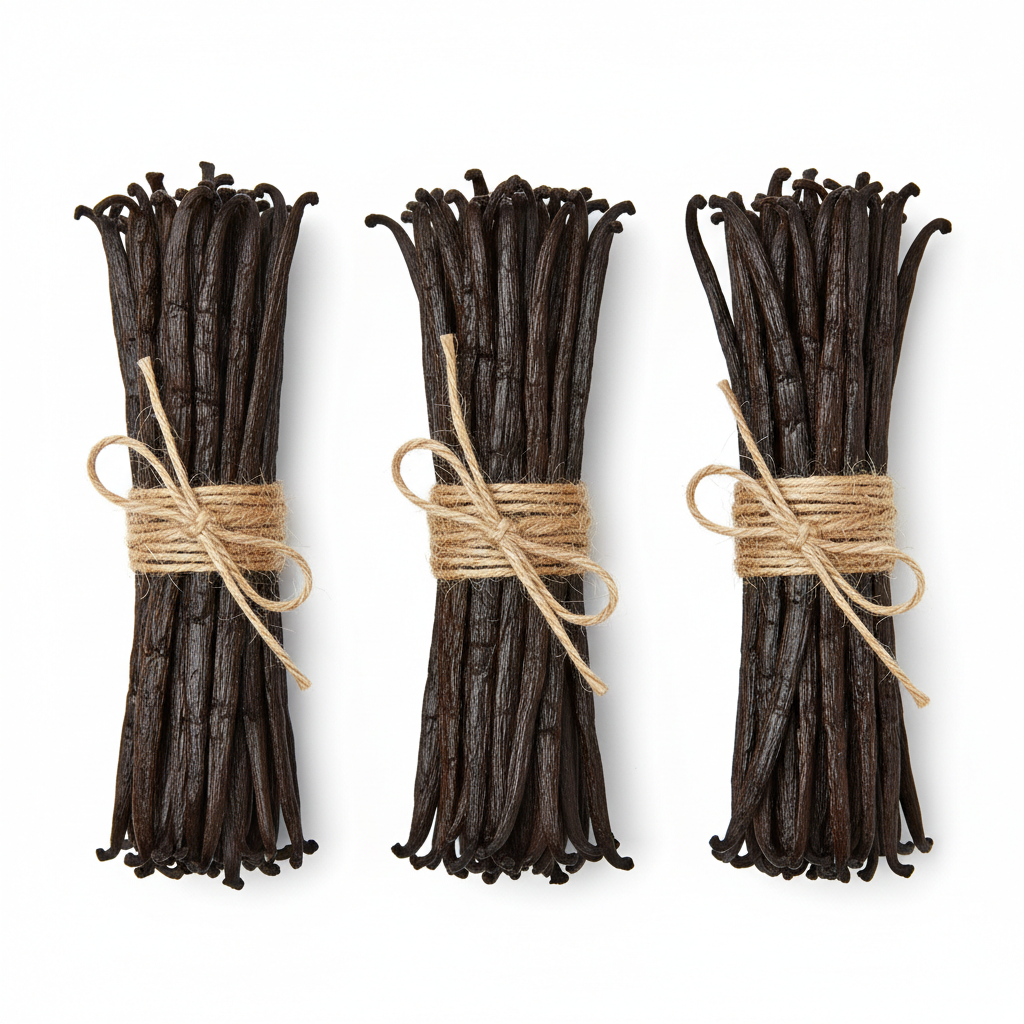 3 bundles of vanilla beans with twine