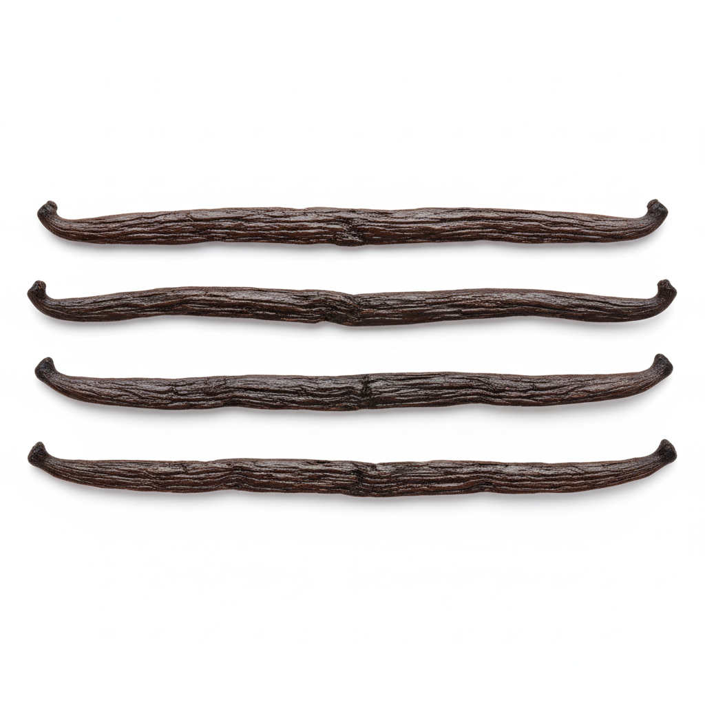 4 vanilla beans laying horizontally