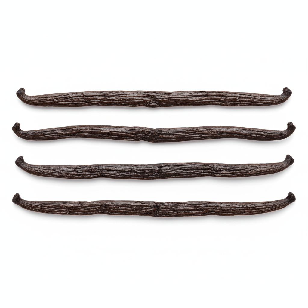 Madagascar Pompona Vanilla Beans displayed in a row, showcasing their rich color and texture for culinary use.