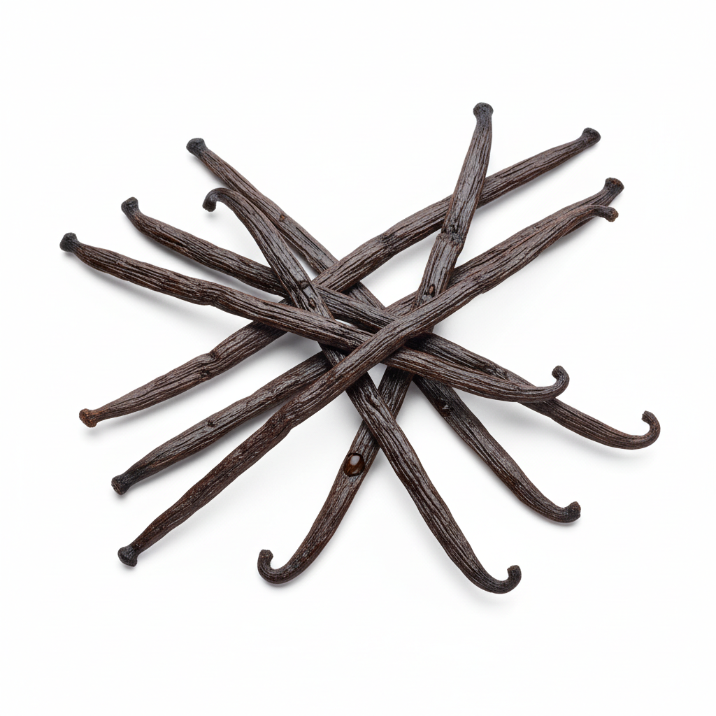 6 vanilla beans in a scattered pile