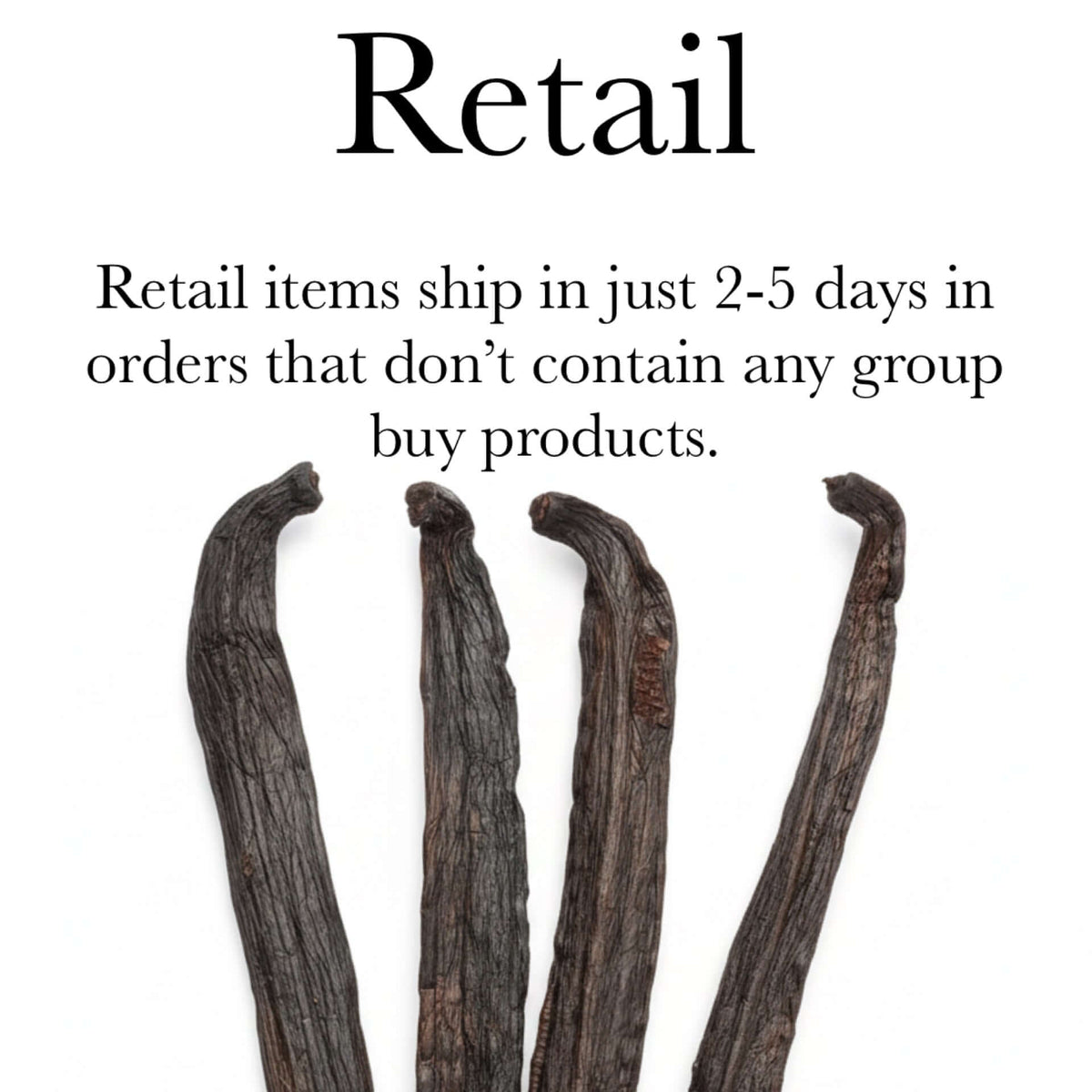 Madagascar Pompona Vanilla Beans displayed with shipping information for retail orders.