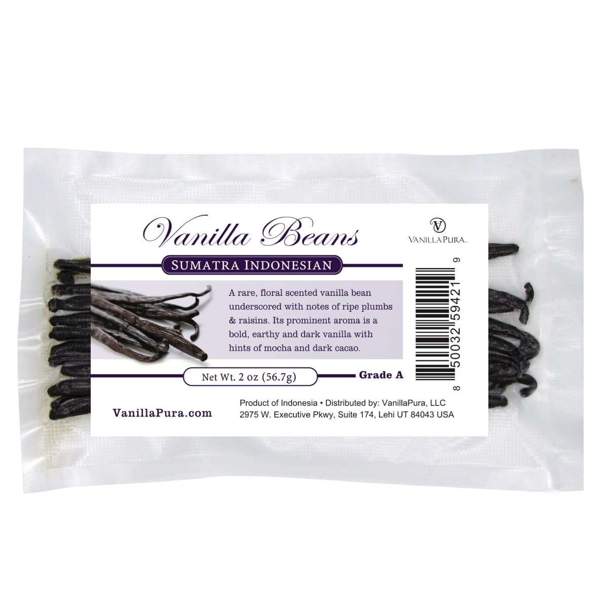Sumatra Indonesian Vanilla Beans - Grade A packaging featuring rare floral scents and rich, dark vanilla flavor.