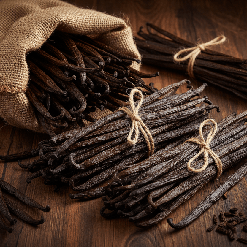 Sumatra Indonesian Vanilla Beans arranged on a wooden surface, showcasing their rich color and floral scent.