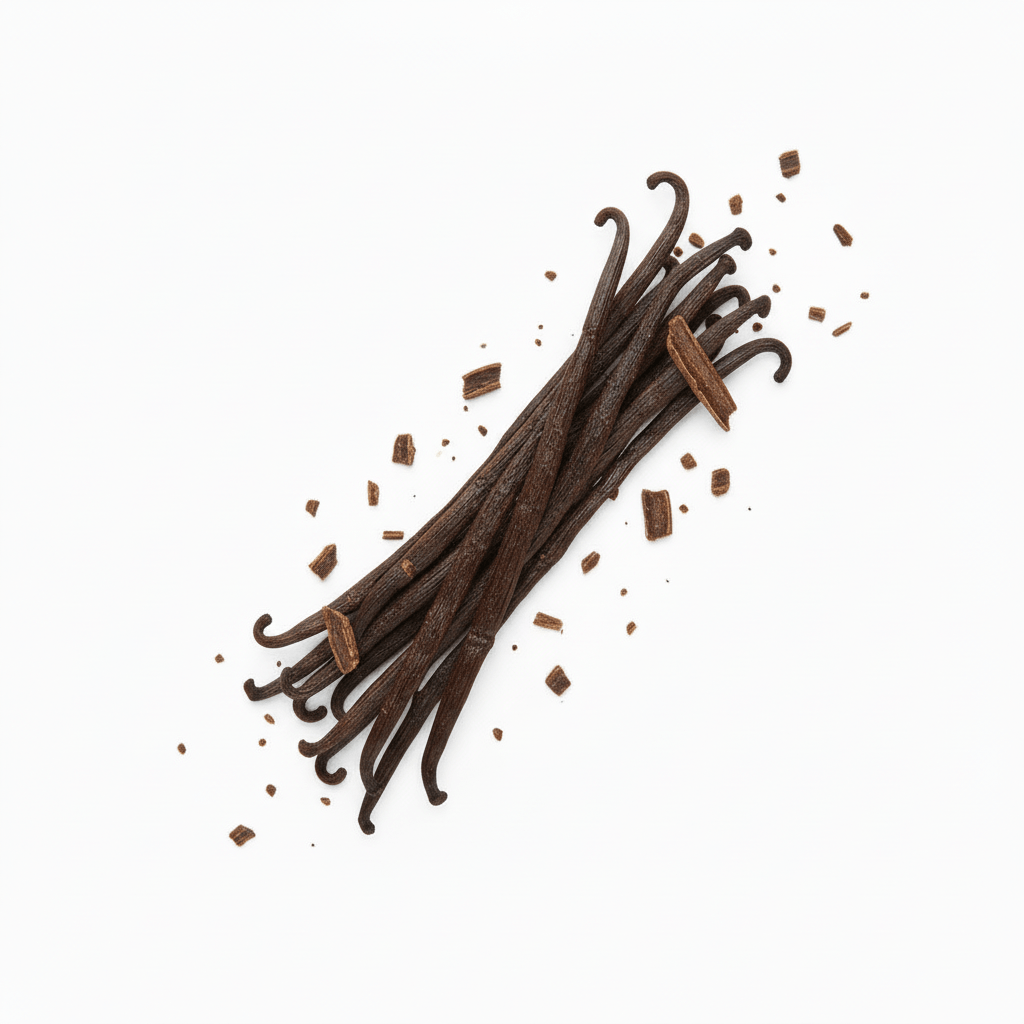 Tanzanian Vanilla Grade B vanilla beans with pieces scattered around.