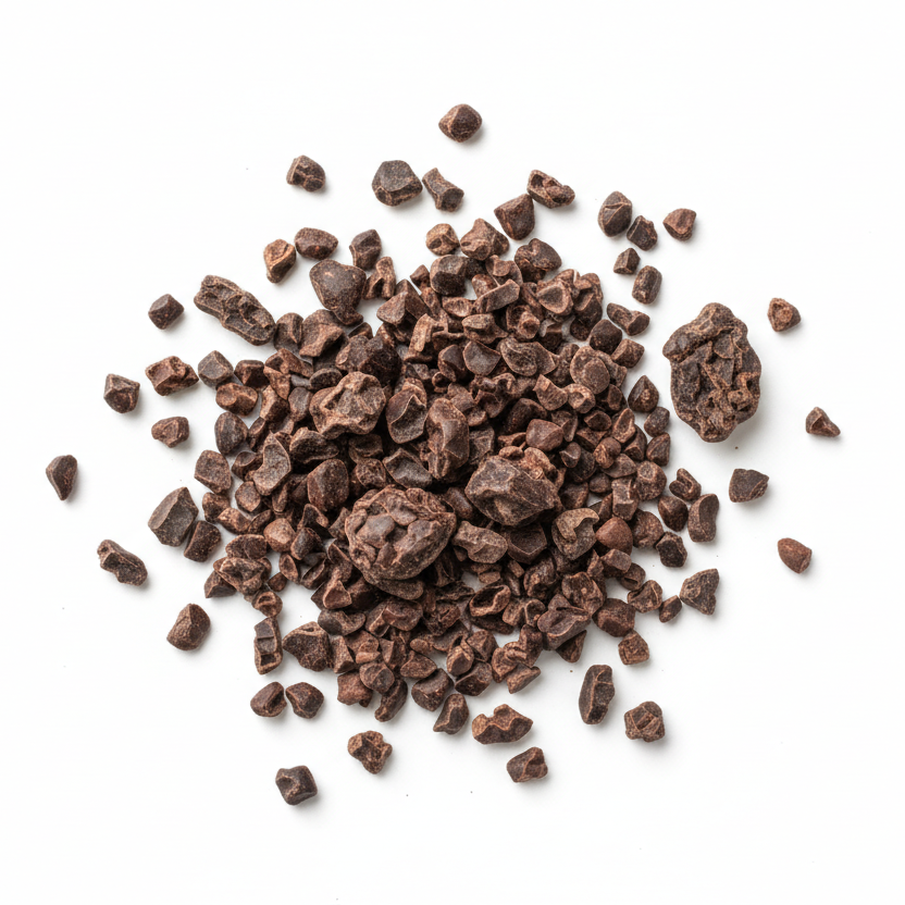 Cacao nibs on white background