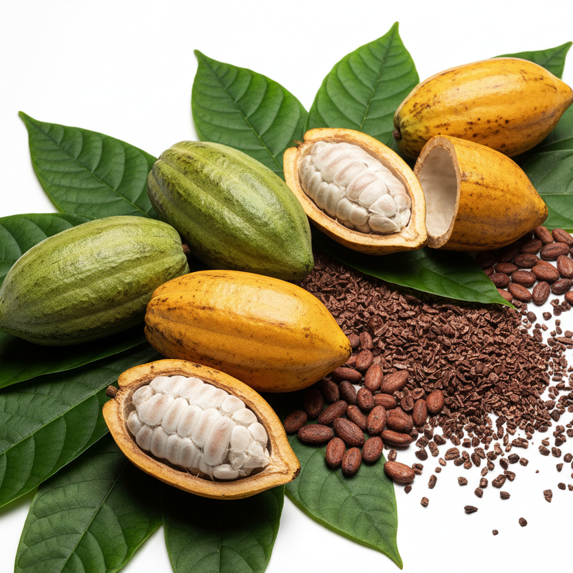 Cacao nibs with colorful pods and leaves