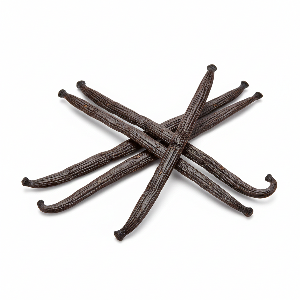 Grade A vanilla beans on white background