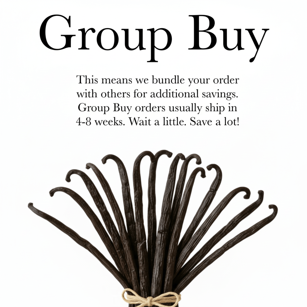 Group Buy banner featuring bundling of Dominican Republic Vanilla Beans for additional savings and shipping details.