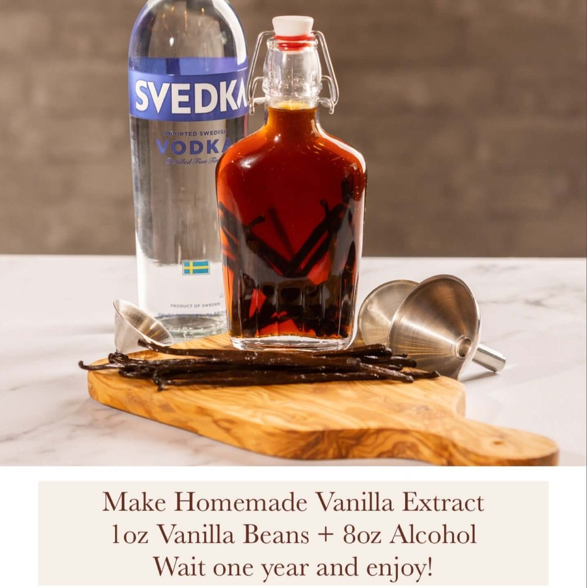 Homemade vanilla extract made with 1 oz Colombian Vanilla Beans and 8 oz alcohol; contains vodka and vanilla beans.