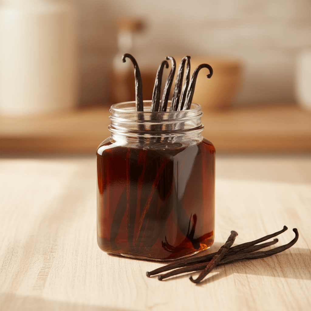 Jar filled with Indonesian Vanilla Beans Grade B extract, showcasing the rich flavor and aroma.