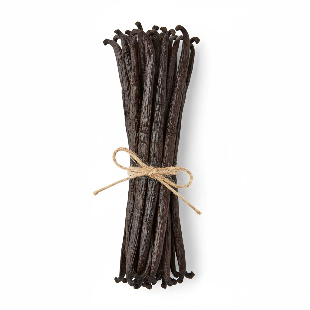 Sao Tome and Principe vanilla beans grade A tied together, perfect for vanilla extract and baking.