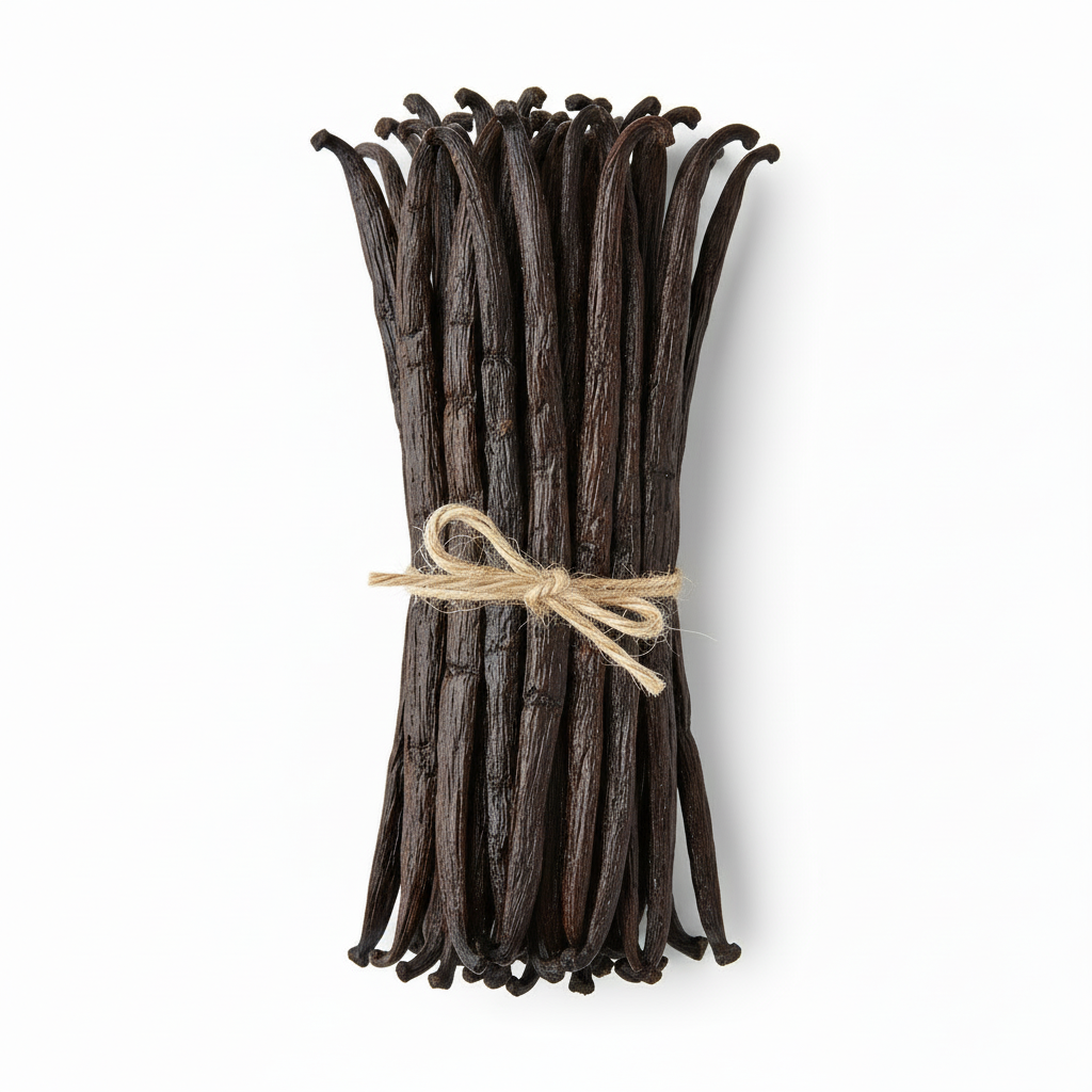 Large bundle of vanilla beans bound with twine