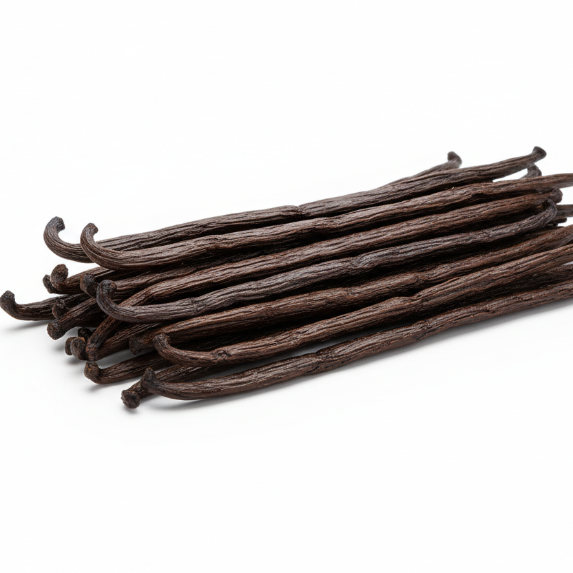 Reunion Vanilla Beans - The Albius - Grade A Planifolia, premium gourmet vanilla pods stacked.