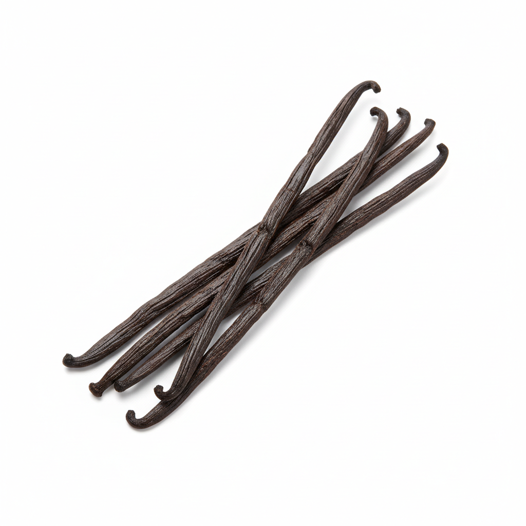 French Guiana Vanilla Beans - The Mana - Grade A Planifolia displayed in a group on a white background.