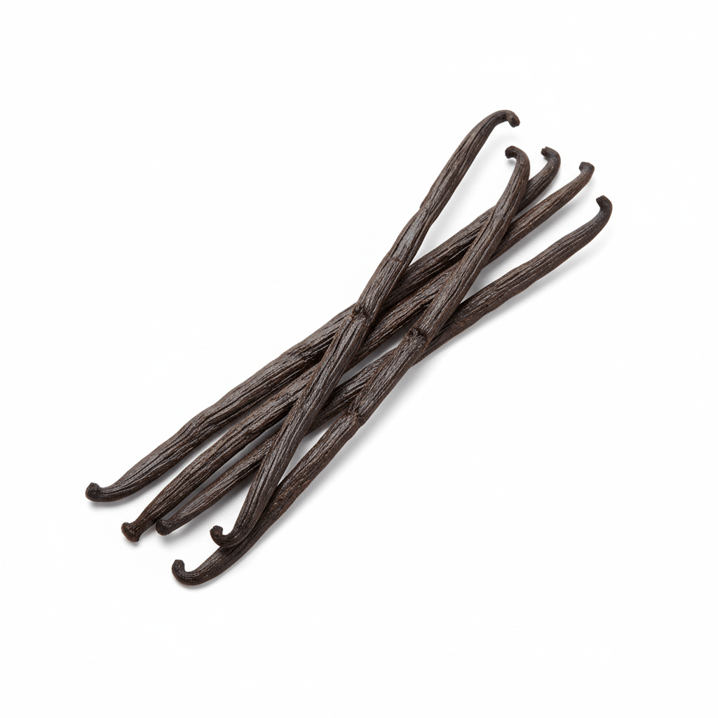 French Guiana Vanilla Beans - The Mana - Grade A Planifolia displayed in a group on a white background.