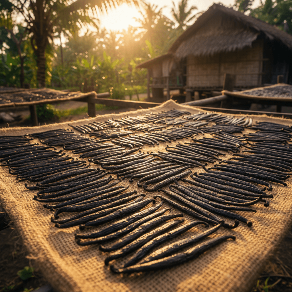 Indonesian Vanilla Beans Grade B drying on burlap in Papua with a rustic house and palm trees in the background.