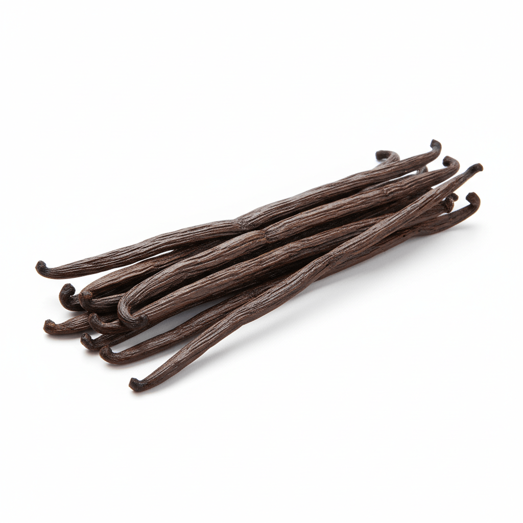 Papua Indonesian vanilla beans - Grade A gourmet quality stacked on a clean surface.