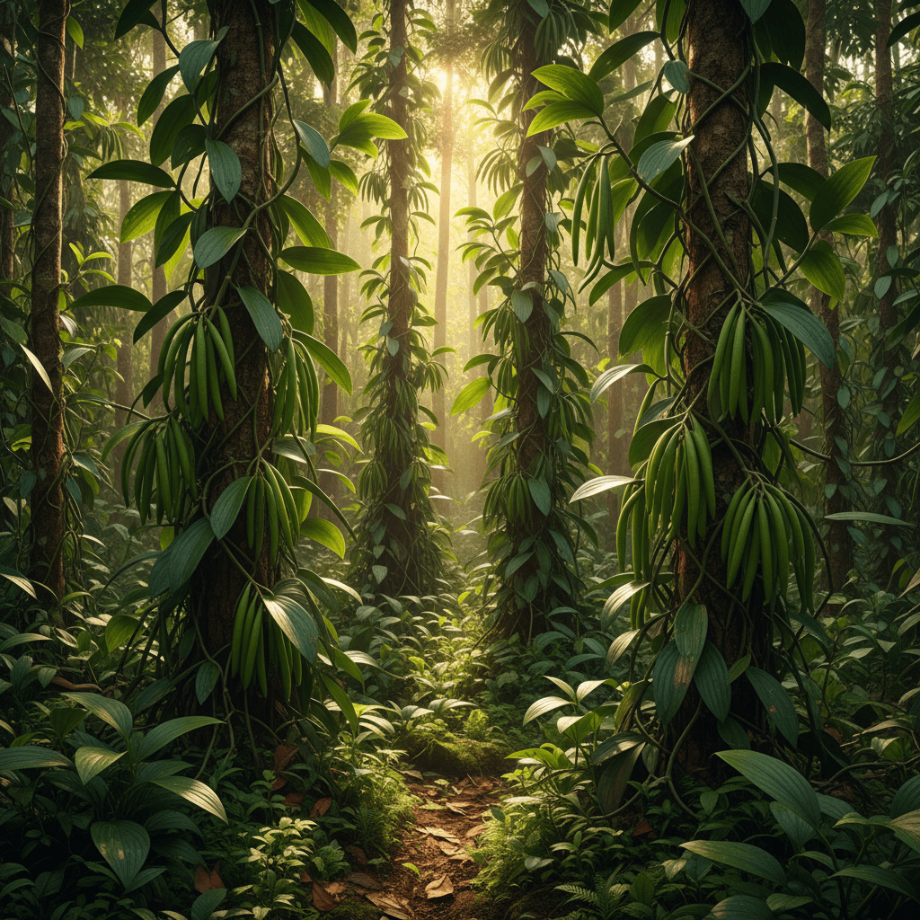 Lush Indonesian rainforest with vanilla bean vines, showcasing the natural habitat of Indonesian Vanilla Beans Grade B.