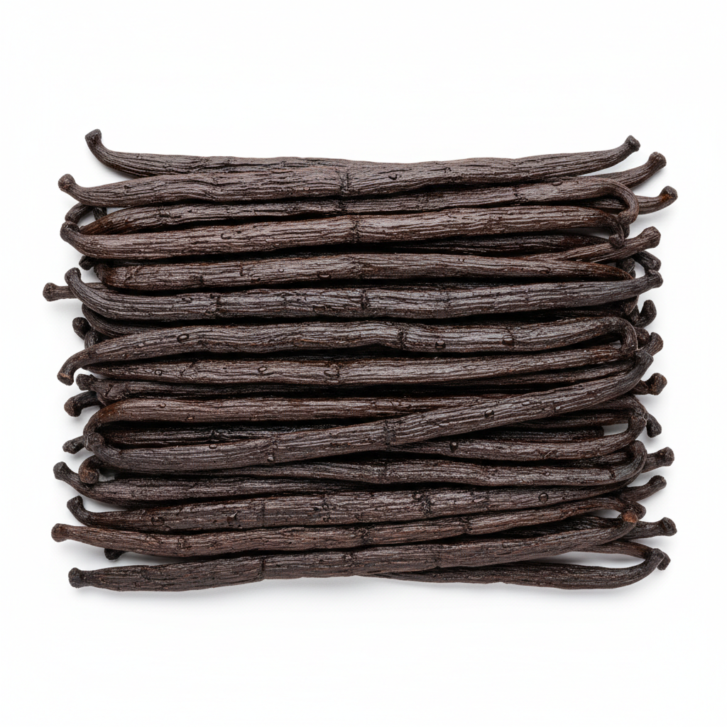 Costa Rican Vanilla Planifolia - The Pura Vida - Grade A vanilla beans stacked neatly, showcasing their rich color and texture.