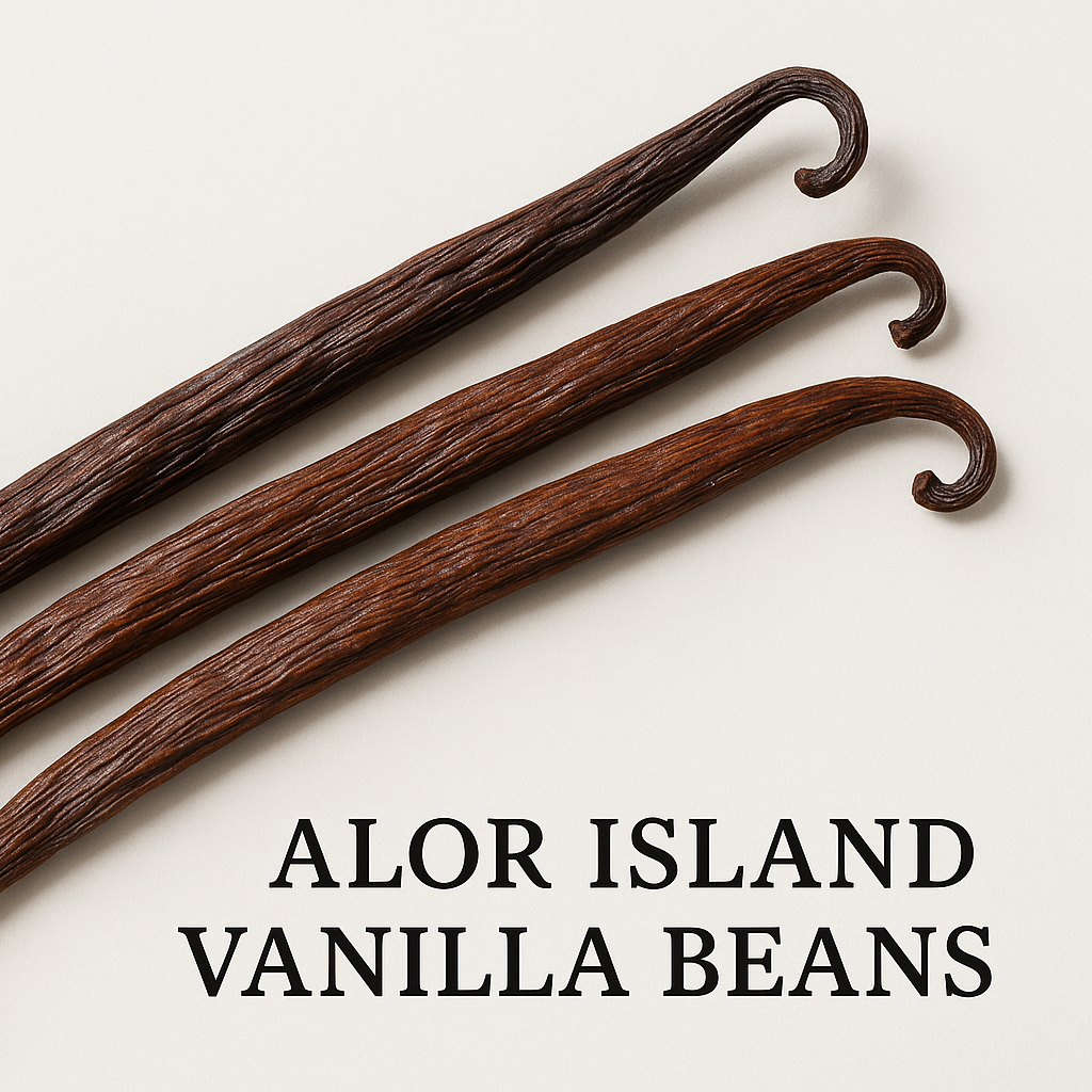 Premium Grade A Alor Island vanilla beans with name label