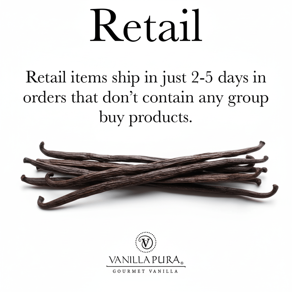 Retail Bolivian Vanilla Beans image with shipping information for quick delivery in 2-5 days.