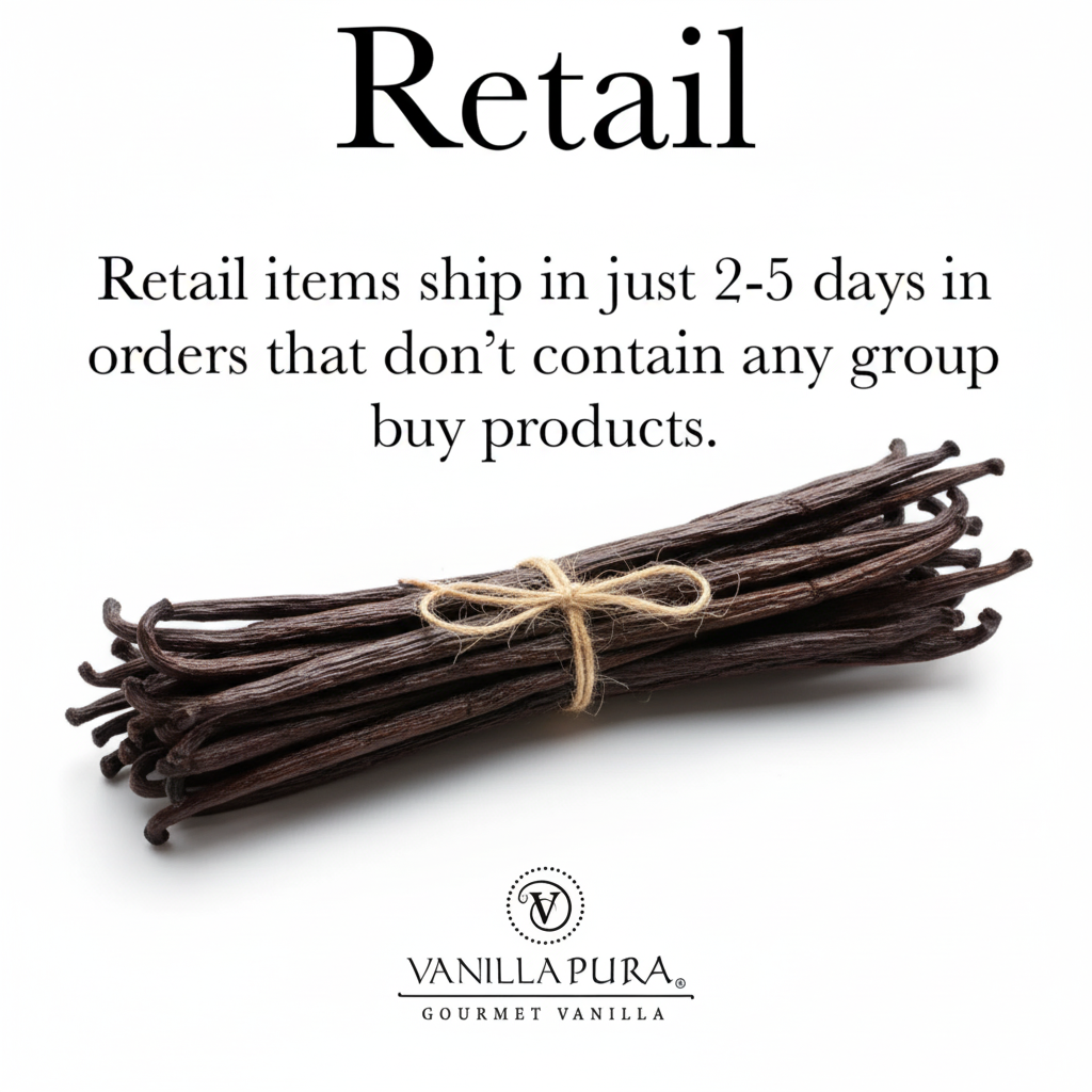 Retail Pemba Vanilla Beans shipping information with vanilla pods tied together. Orders ship in 2-5 days.