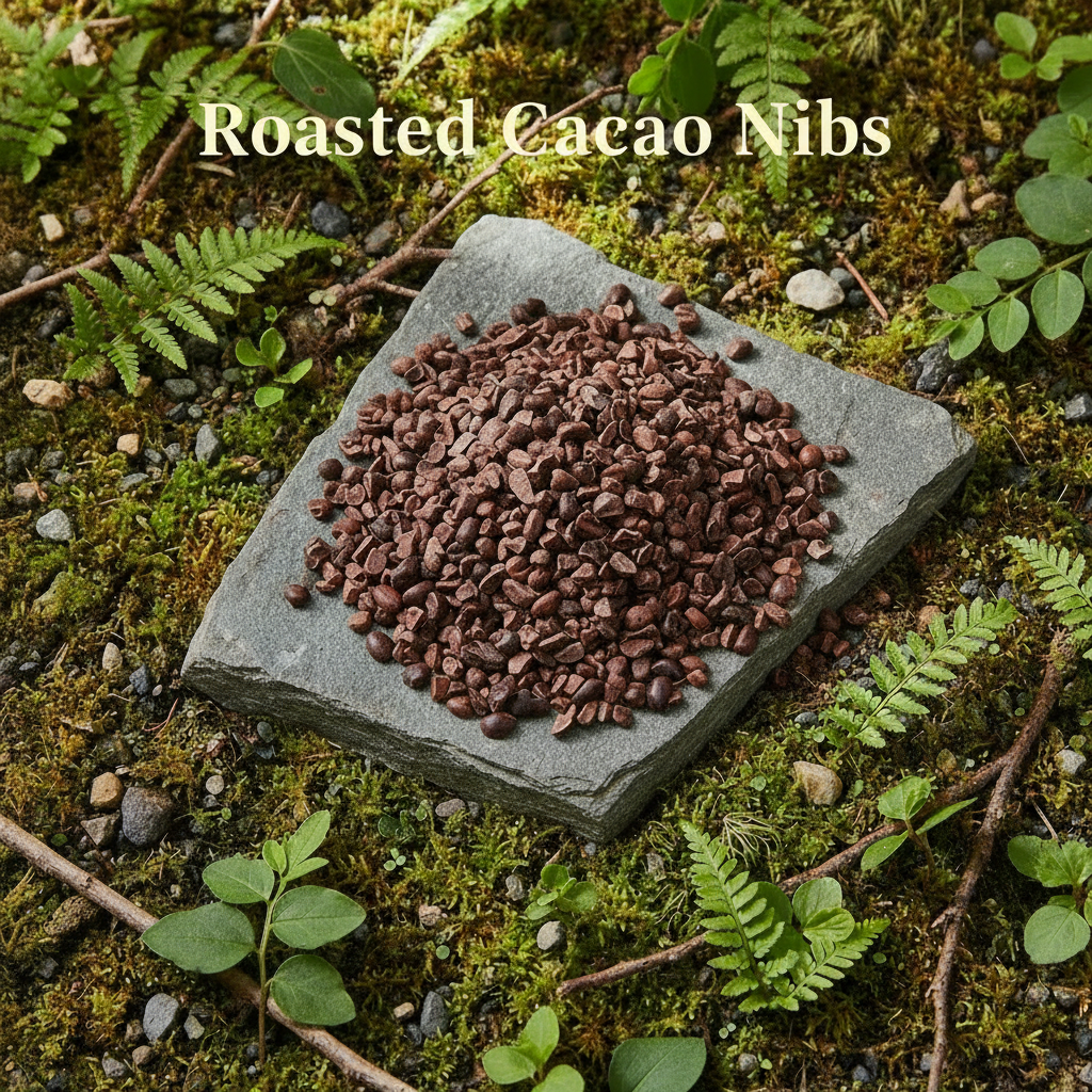 Roasted Cacao Nibs with text overlay