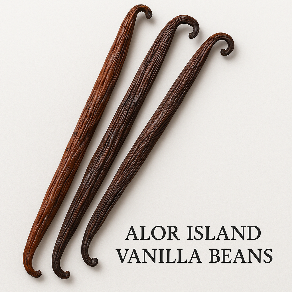 Square format Alor Island vanilla beans with distinctive coloring