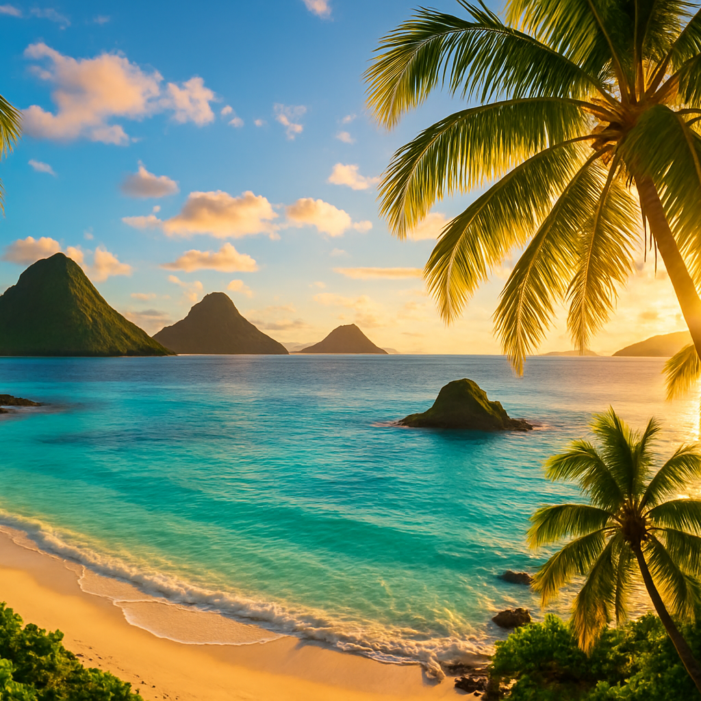 Tongan tropical landscape with crystal clear turquoise ocean waters, lush green vegetation, palm trees, white sand beaches, and volcanic islands in the distance