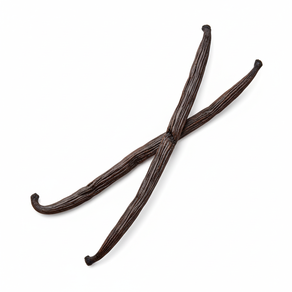 Two vanilla beans on pure white