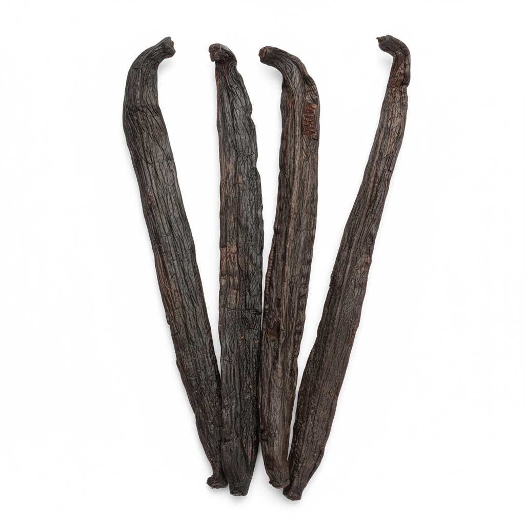 Madagascar Pompona Vanilla Beans - The Ambilobe, Grade A, featuring four dark, elongated vanilla pods.