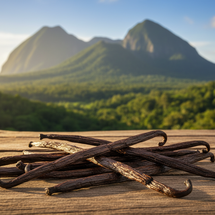 Sao Tome and Principe vanilla beans grade A on a wooden table with mountains in the background.