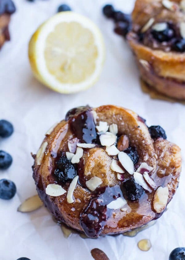 Vanilla Bean Blueberry Lemon + Cream Cheese Swirl Sticky Buns.