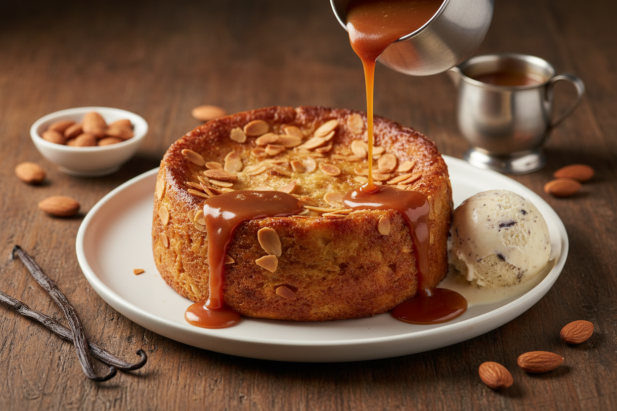 Almond Bread Pudding Topped With Salted Caramel Sauce