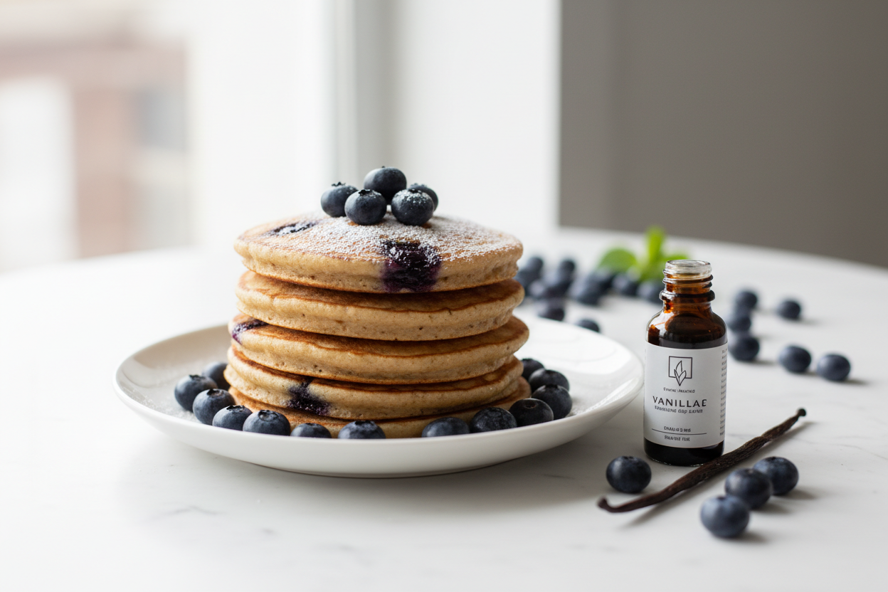 Protein packed vanilla blueberry pancakes