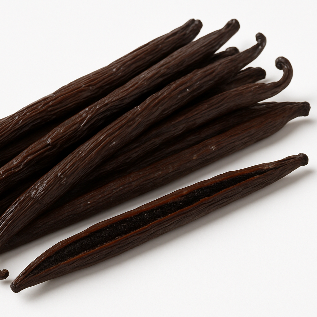 Square format premium Grade A Tongan vanilla beans arranged on a clean white background, showing their dark brown, plump, oily texture with some beans split open to reveal black vanilla seeds inside