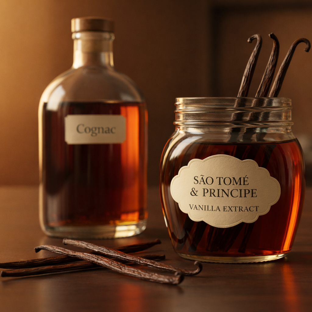 Sao Tome and Principe vanilla beans grade A in a jar with cognac and vanilla extract on a wooden table.