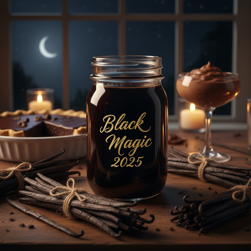 Black Magic 2025 with five twine-tied vanilla bean bundles in foreground