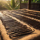 Madagascar vanilla beans spread out on burlap under sunlight, showcasing their rich color and quality for gourmet use.
