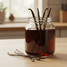 Madagascar Vanilla Beans Grade B in a jar with infused vanilla extract and vanilla pods on wooden table.