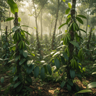 Madagascar Vanilla Beans Grade B growing in a lush plantation with sunlight filtering through the trees.