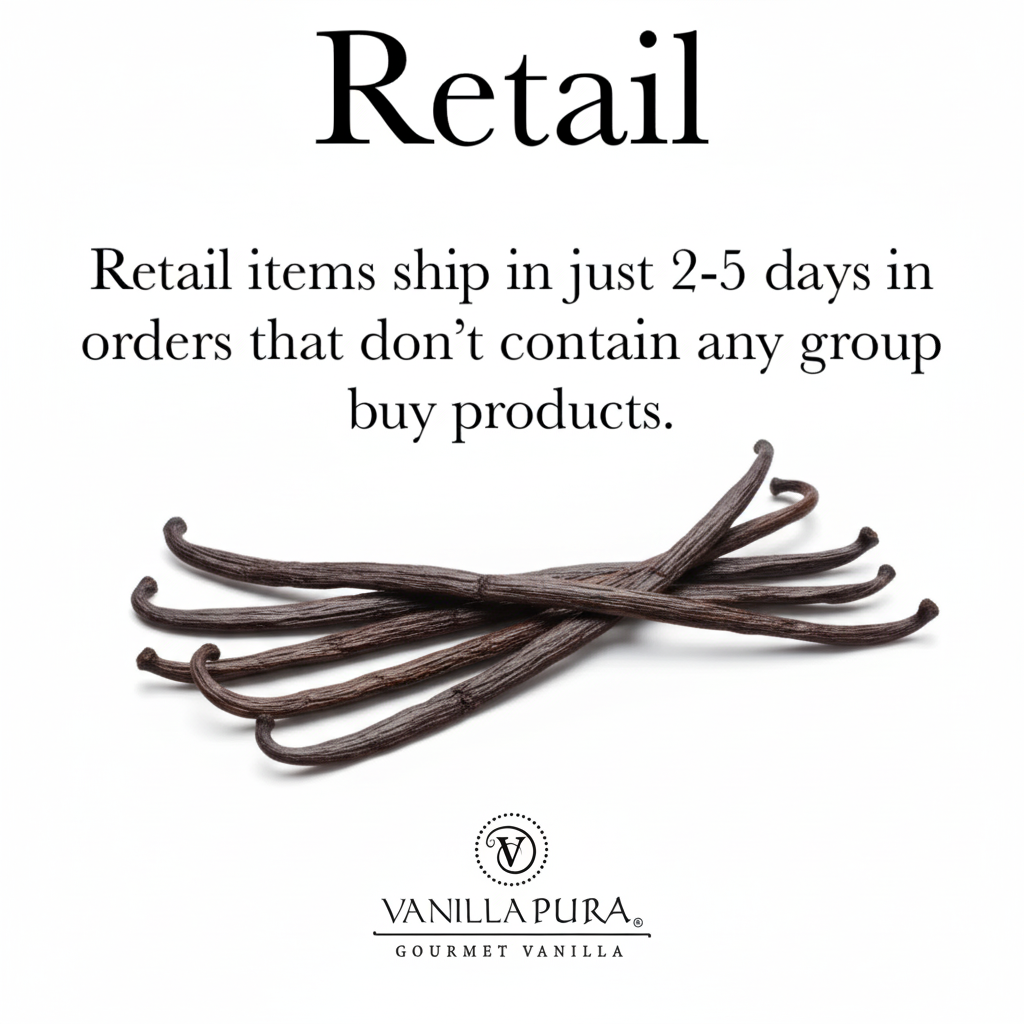 Alor Island Vanilla Beans displayed with text about retail shipping times for gourmet vanilla products.