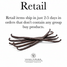 Alor Island Vanilla Beans displayed with text about retail shipping times for gourmet vanilla products.