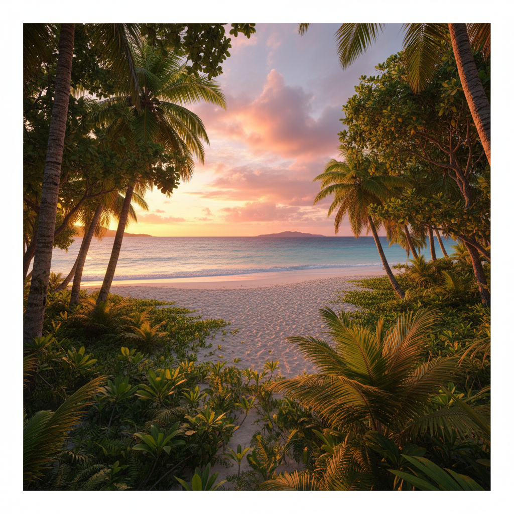 Tahitian forest and beach at sunset