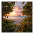 Tahitian forest and beach at sunset